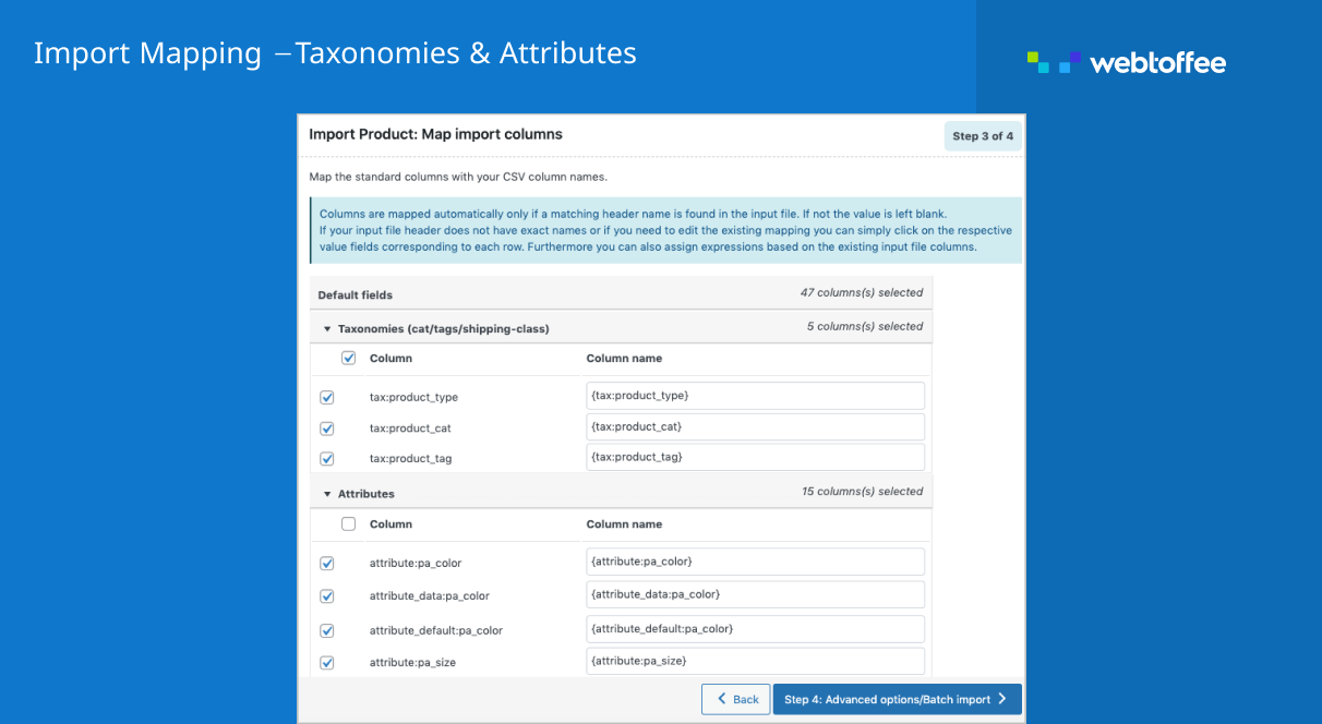 Import taxonomies and attribute mapping for WooCommerce product import plugin