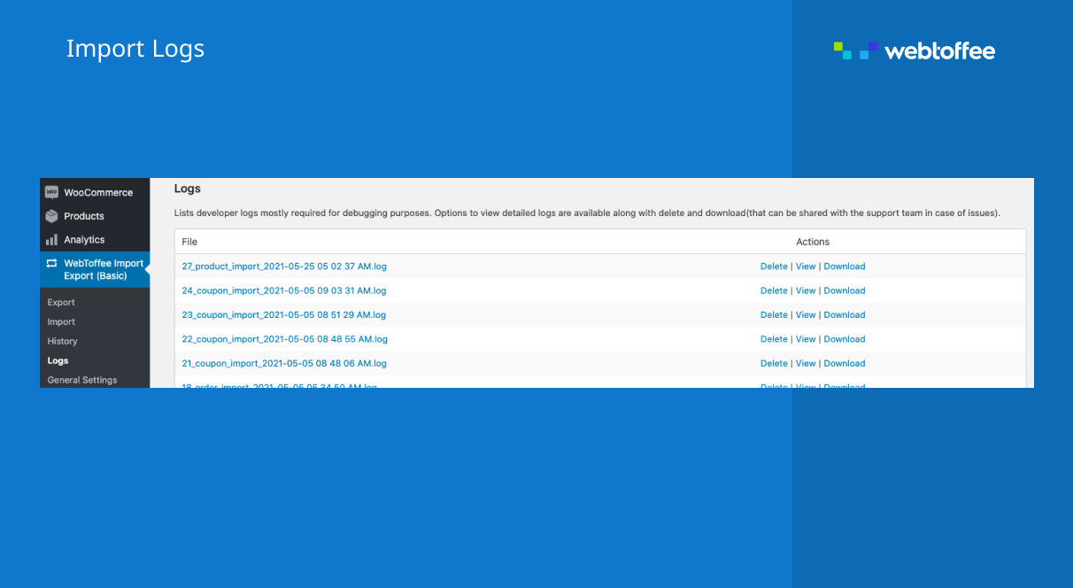 Import logs for WooCommerce product import plugin