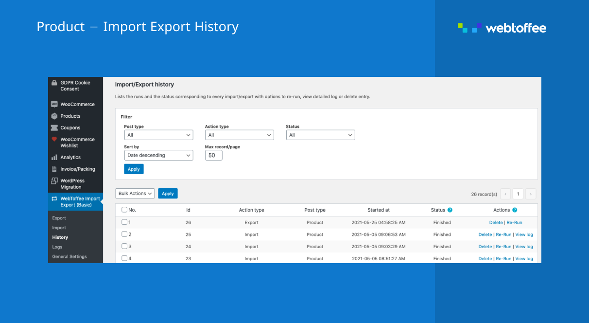 Import Export history for Product Import Export for WooCommerce