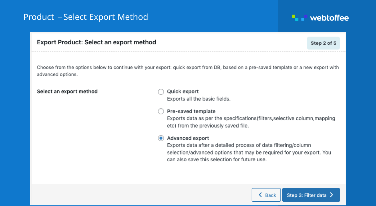 Export method for WooCommerce product export plugin