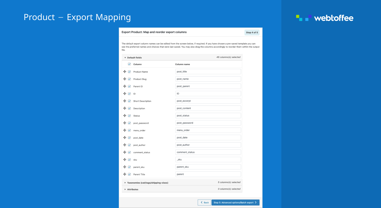 Export mapping for WooCommerce product export plugin