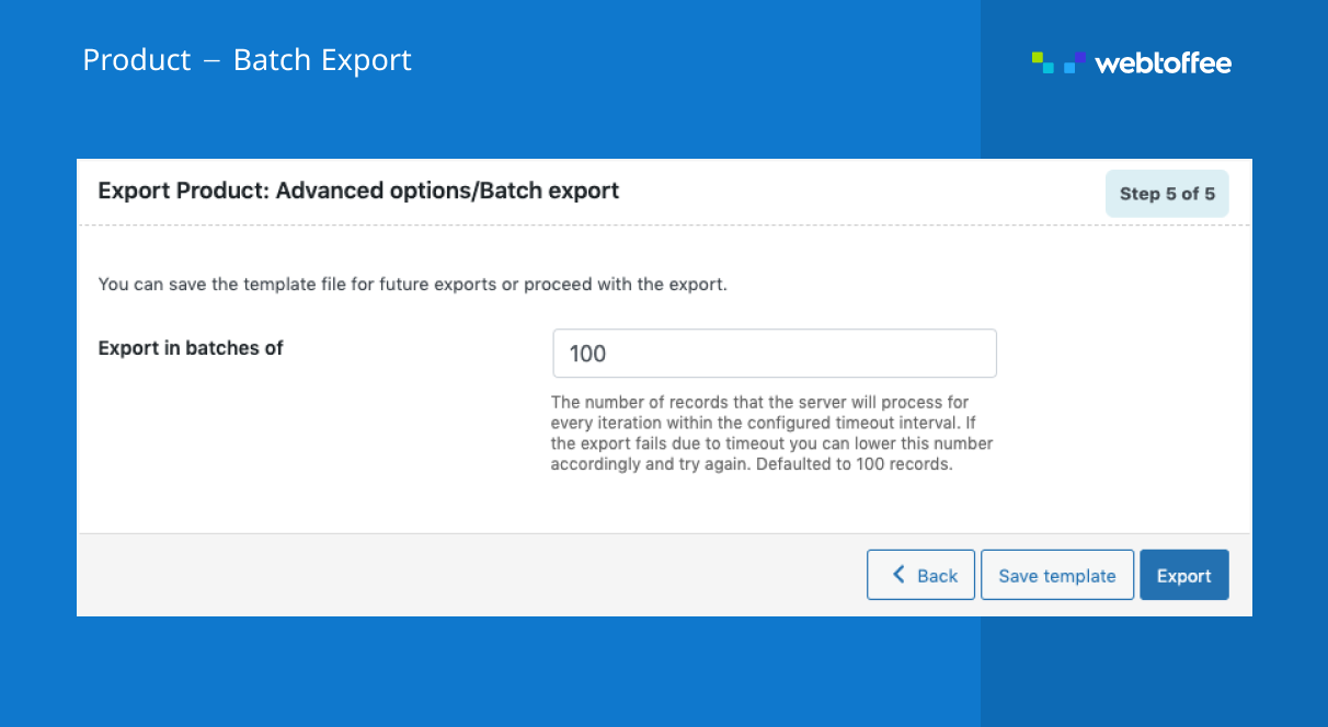 Export batch limit for WooCommerce product export plugin