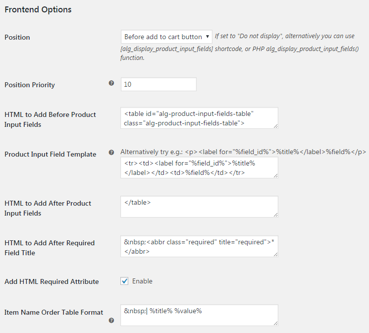 Frontend options.