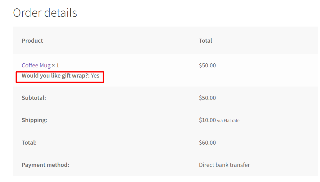 Input field value shown in the WooCommerce order details.