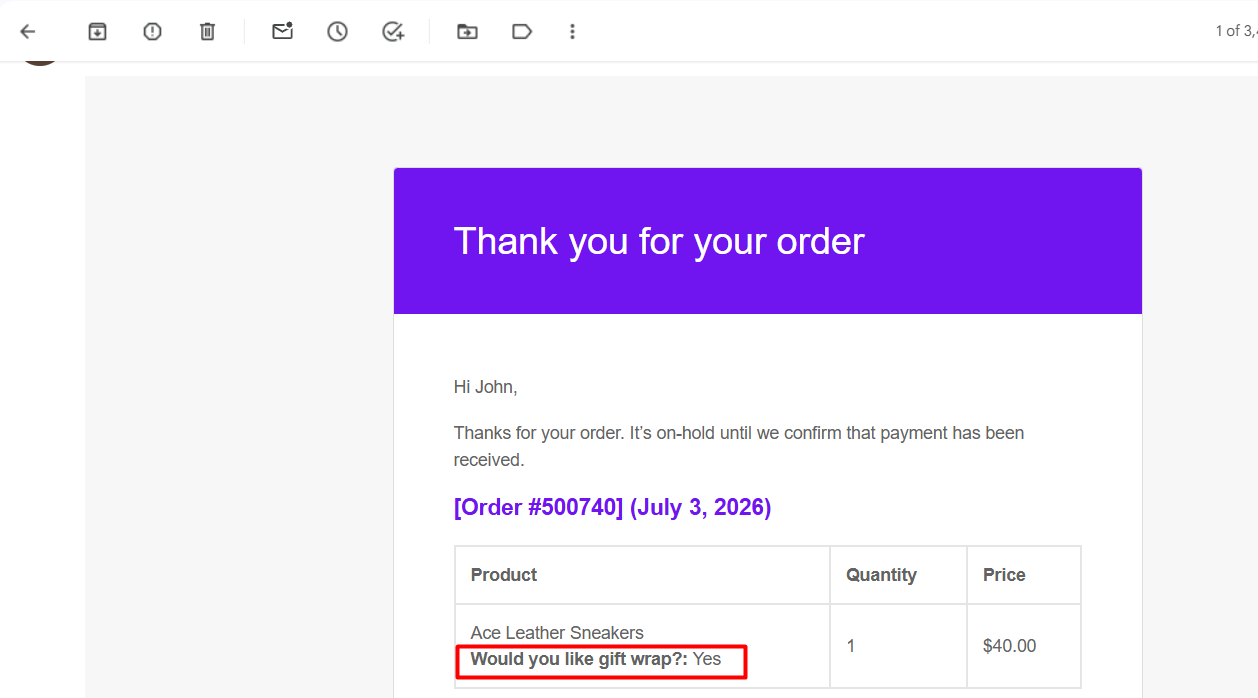 Input field value included in the order confirmation email.