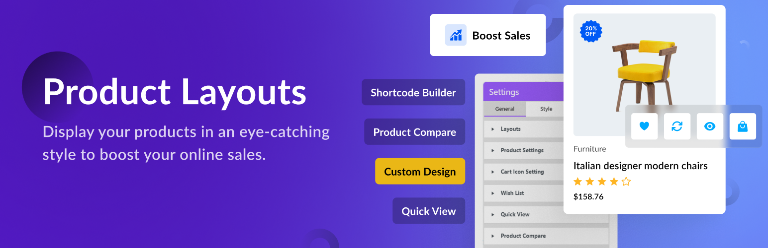 WordPress 外掛 Product Layouts for Woocommerce ( Product Gallery, Product Showcase, Layout Design, Category Tabs, Product Slider, Product Grid, Product Table ) 的封面圖片。