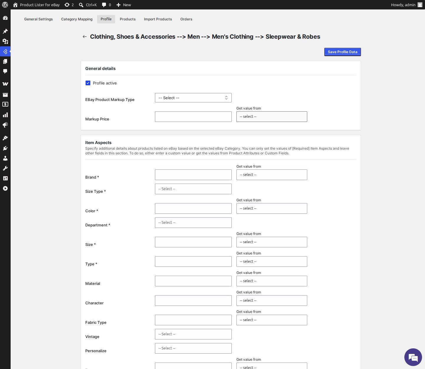 Profile editor with eBay item specifics