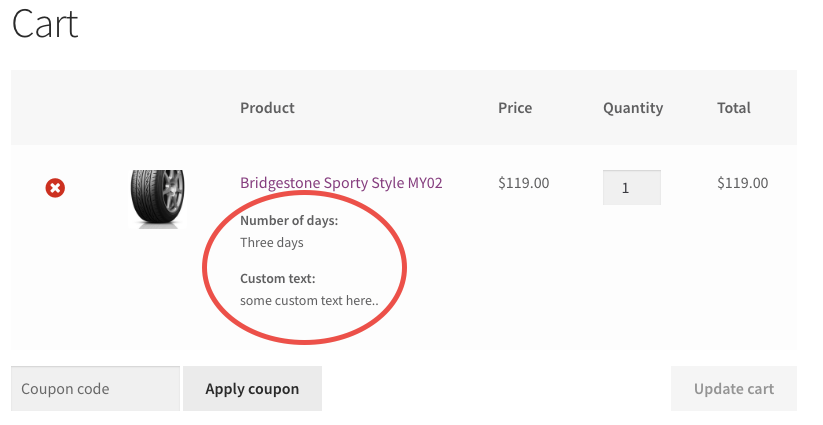 Selected values on checkout page.