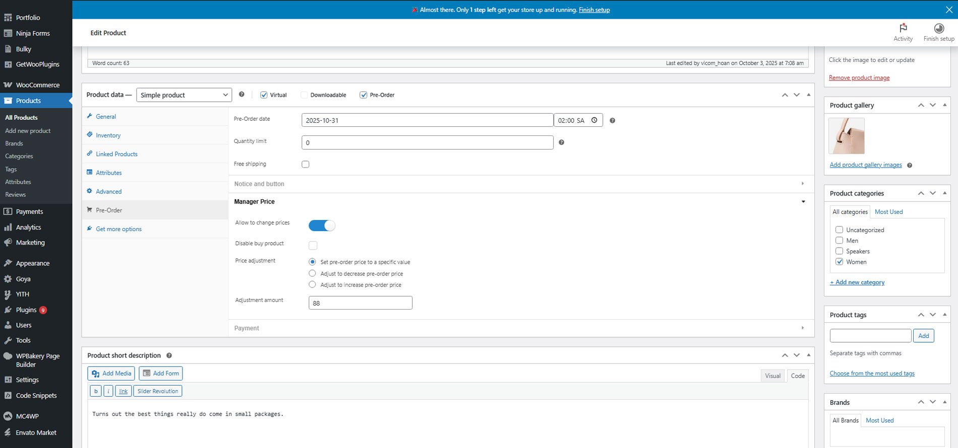 Pre-order variable product