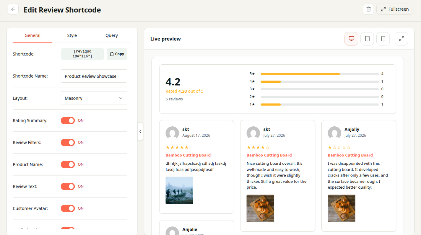Product reviews with rating filters, verified-customer badges, and customer media