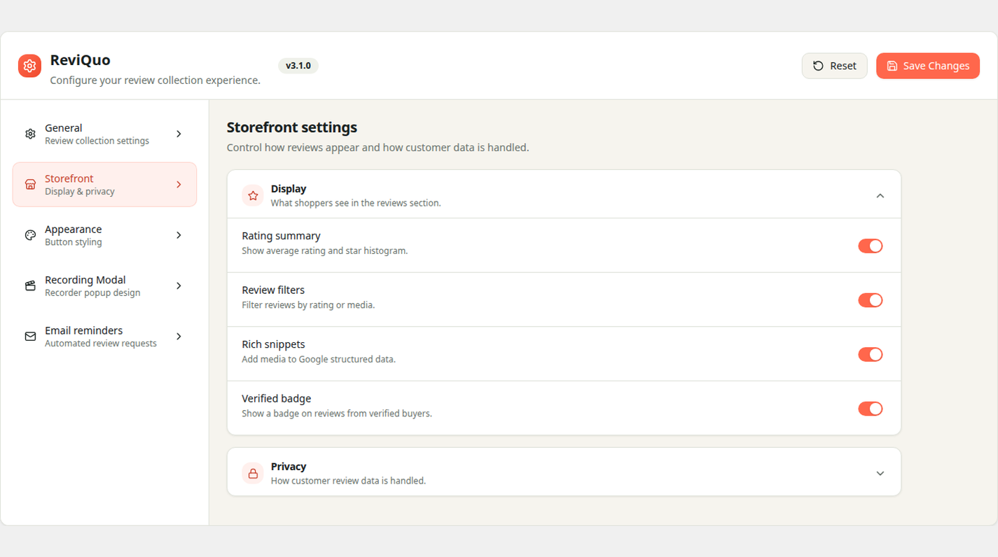 Storefront display, structured-data, verified-badge, and privacy settings