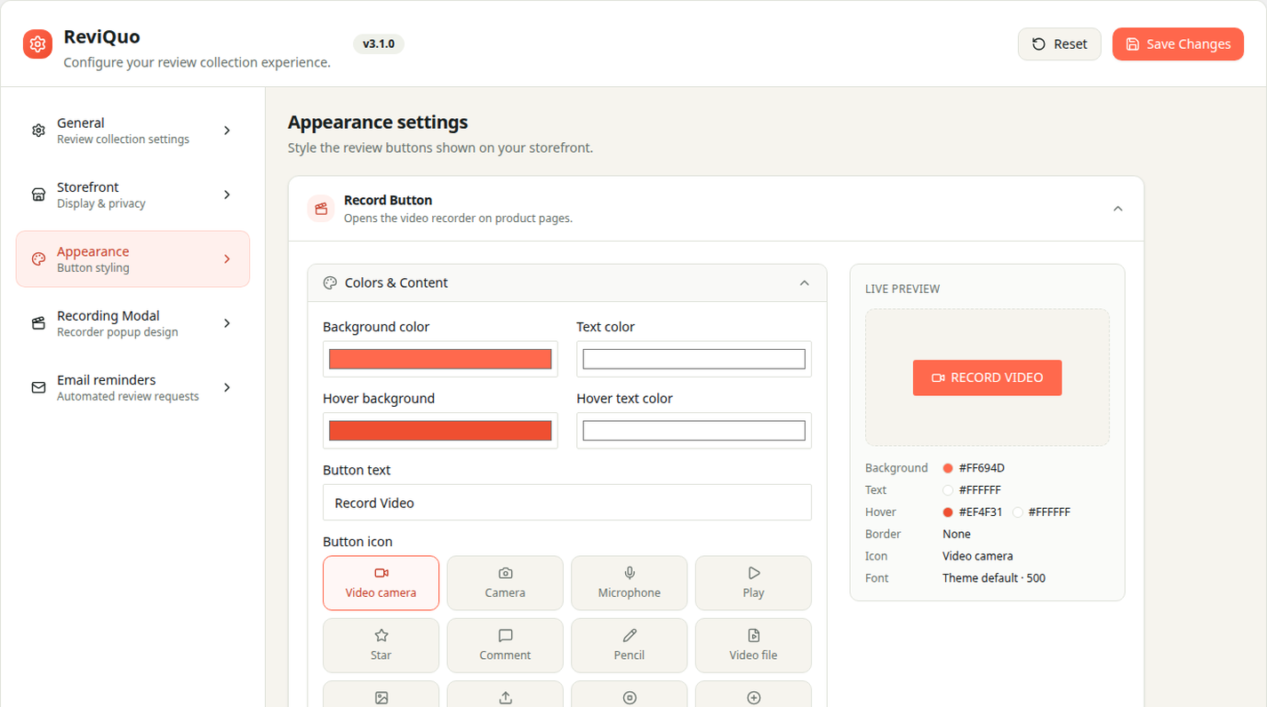 Appearance controls with live button previews
