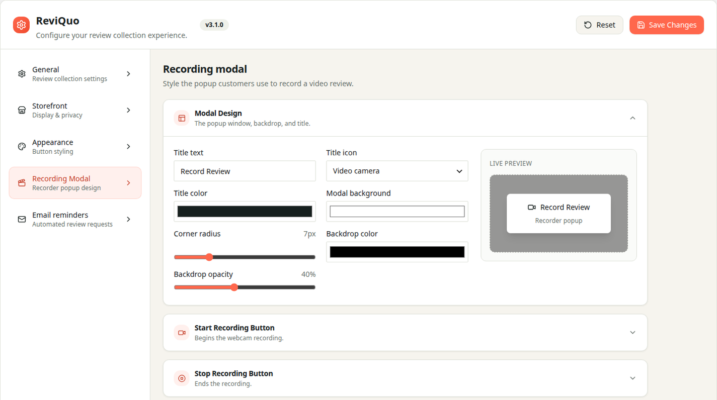 Recording-modal appearance settings