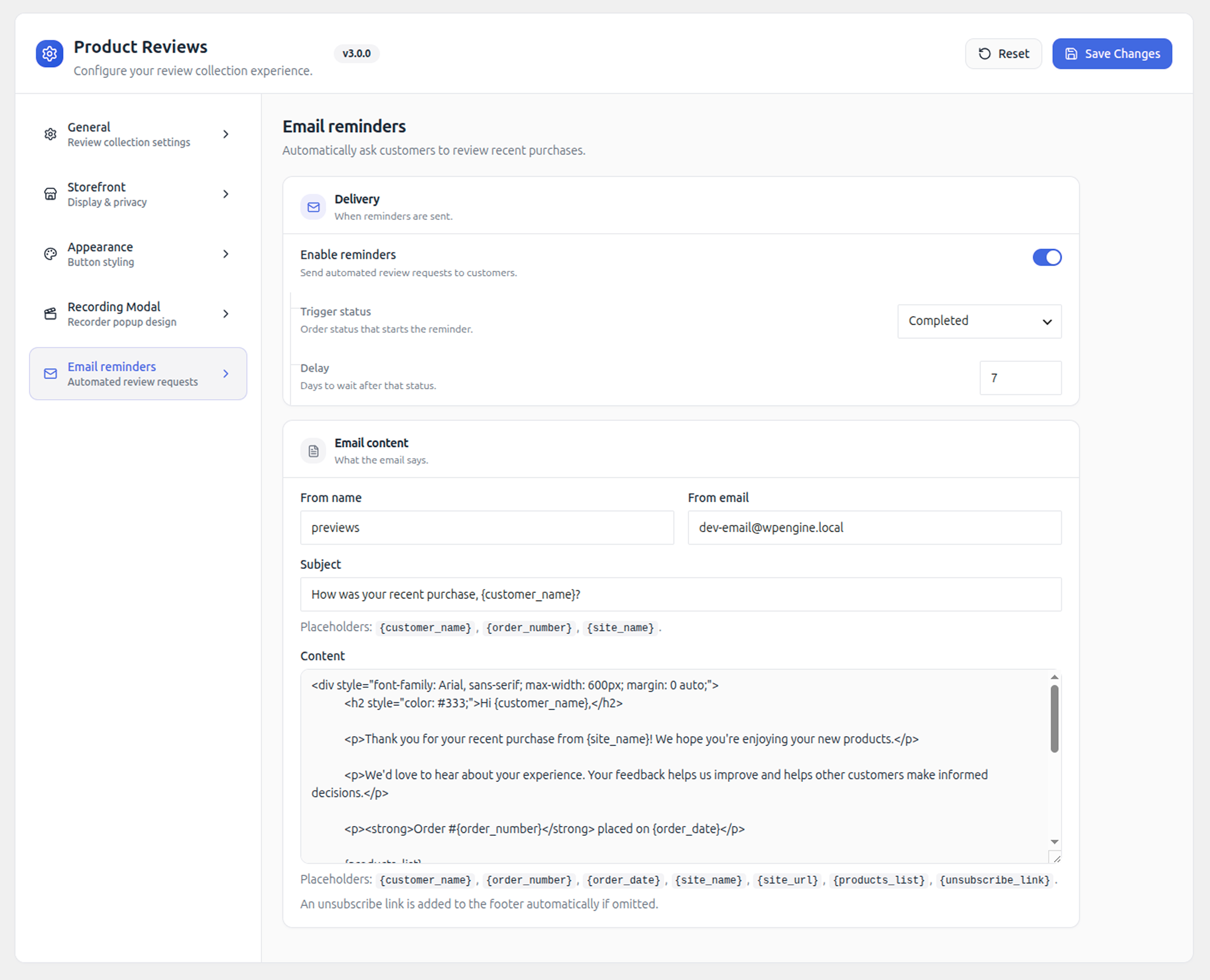 Automated email-reminder delivery and message settings