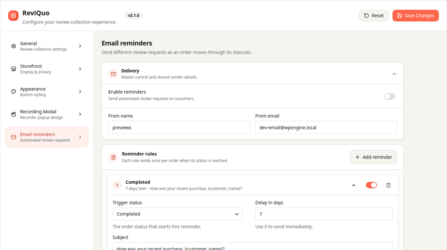Automated email-reminder delivery and message settings