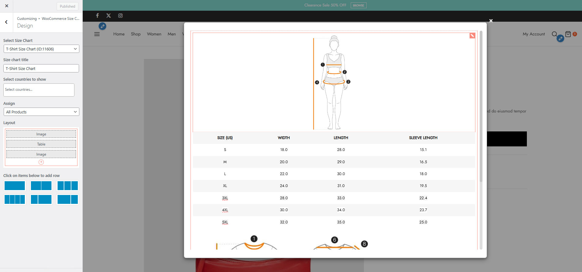 Custom size chart