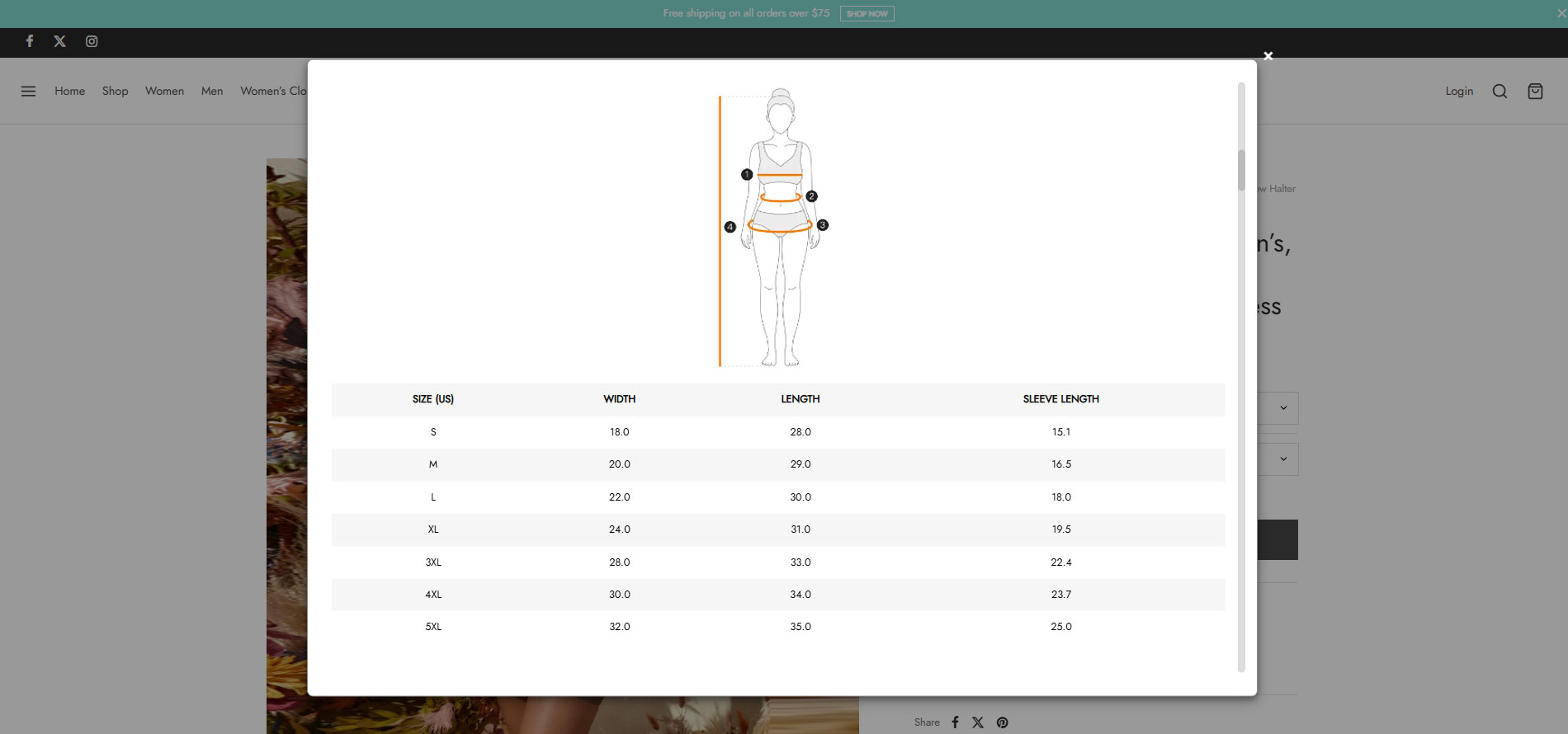 Size chart on popup