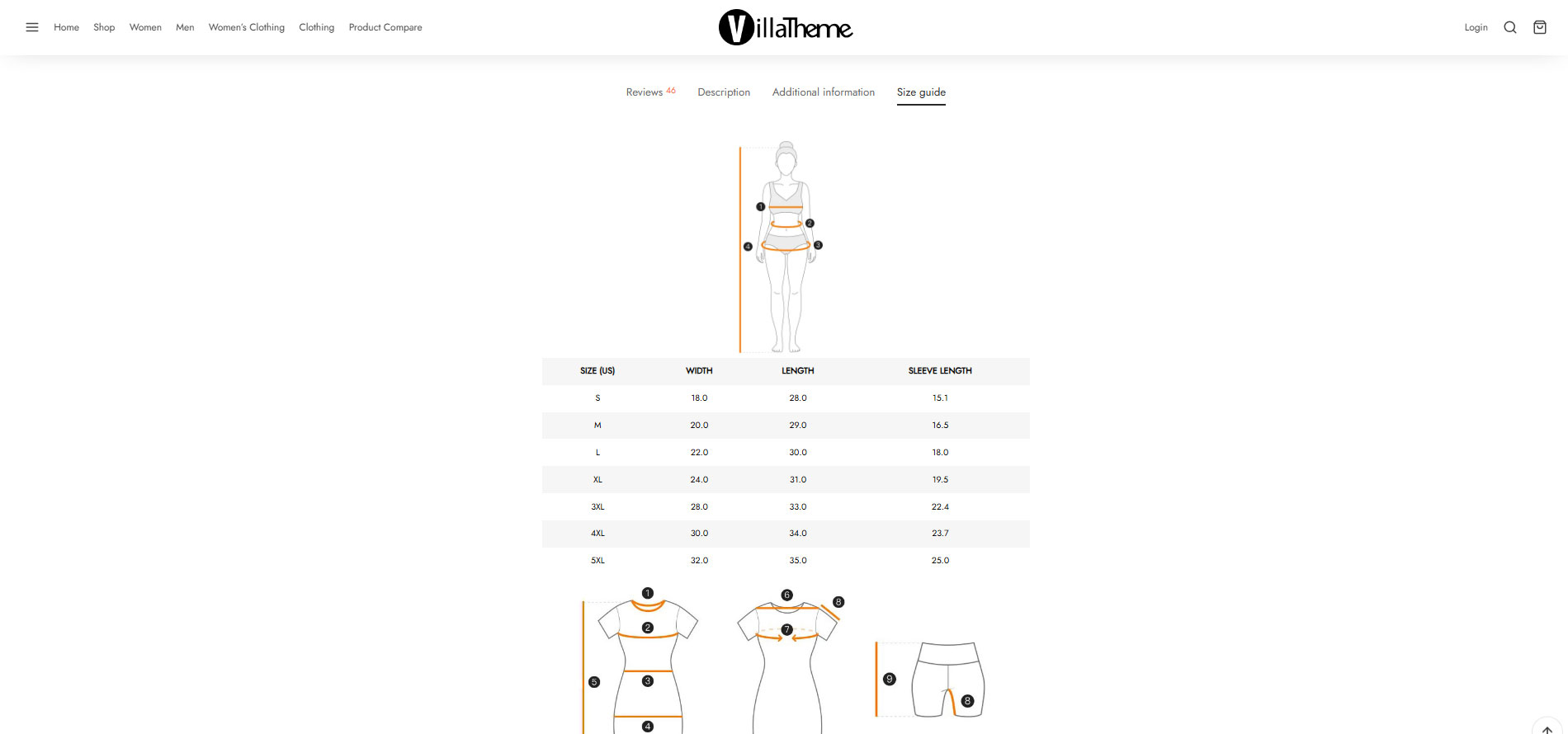 Size chart on product tab
