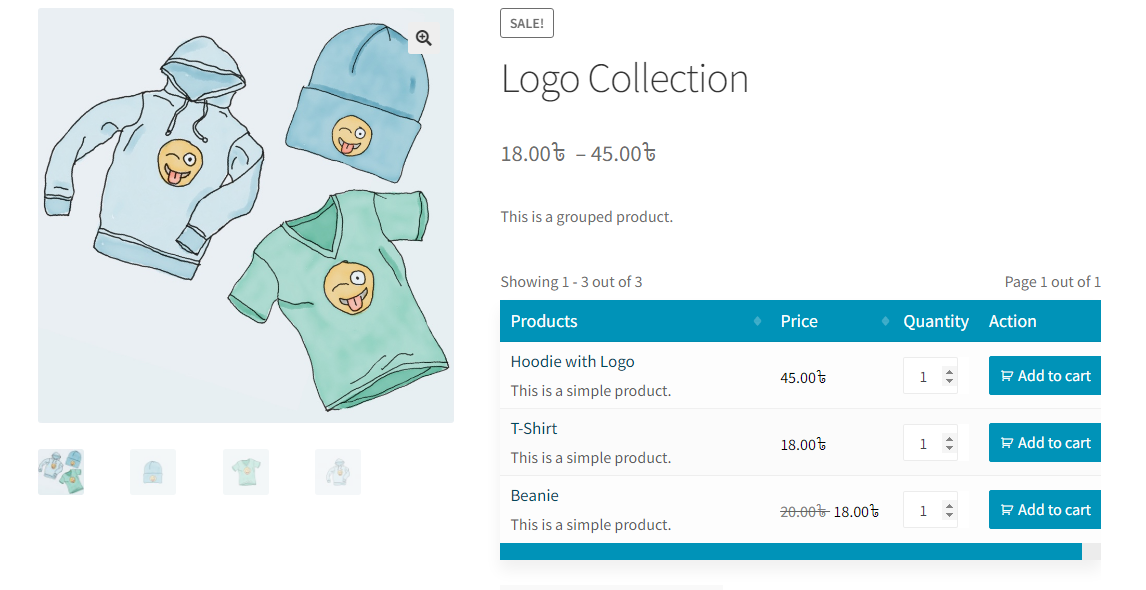 Table on group product page