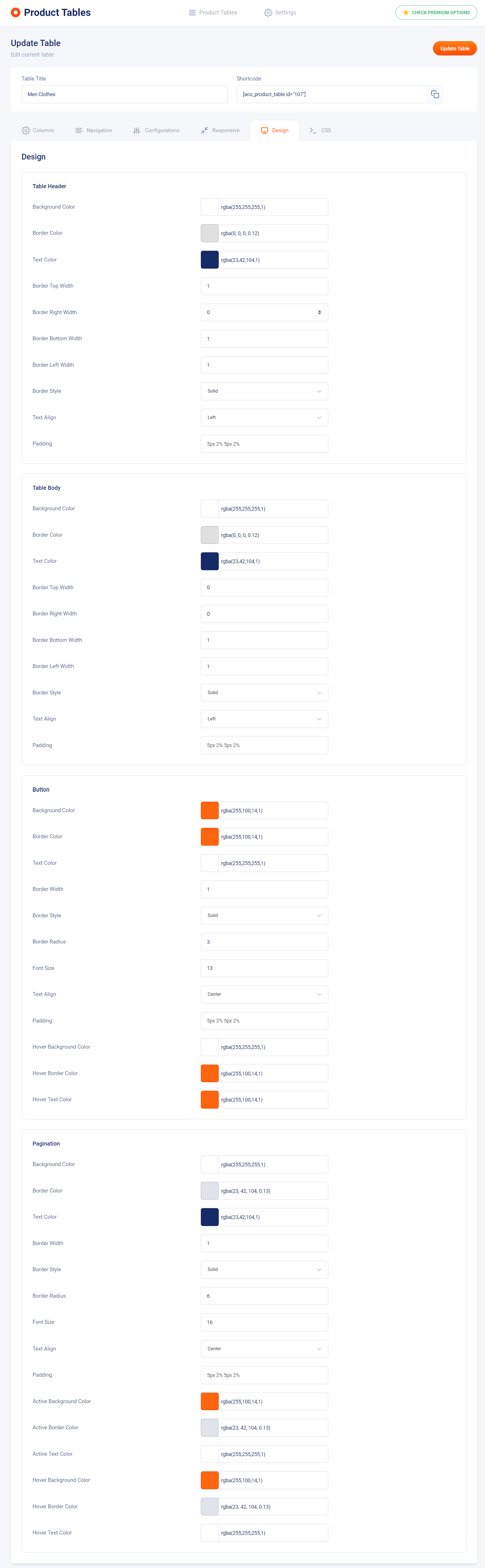 Table Design Settings