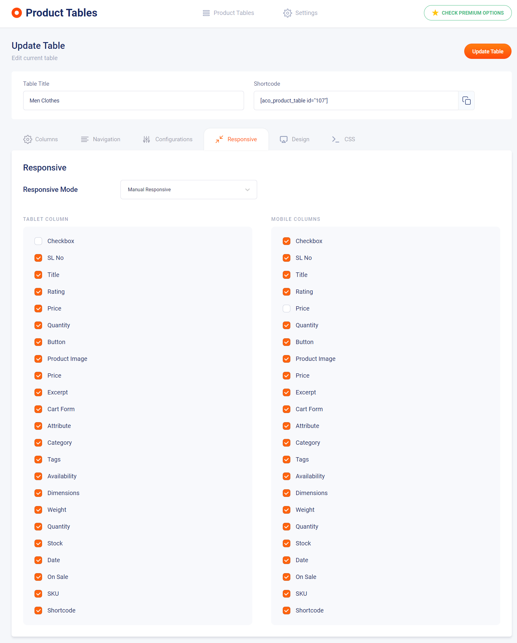 Table Column Responsive Settings