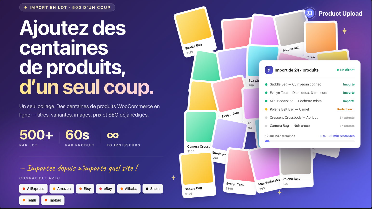 Select the products you want and import hundreds at once. AI writes the title, description, variants, images, and SEO for each.