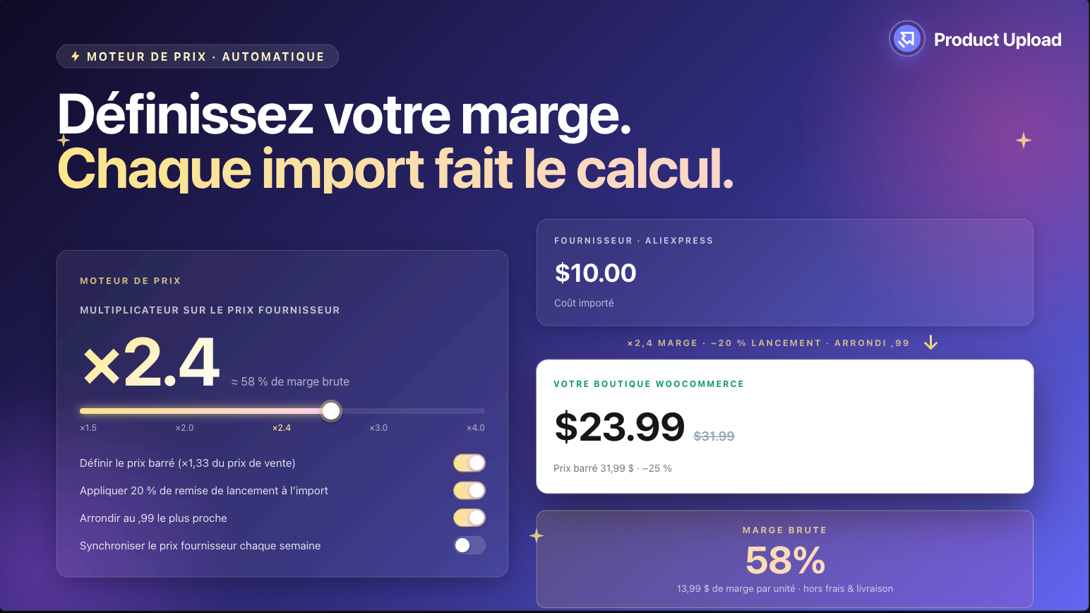 Set your margin once. Every import does the maths: cost price, retail, compare-at, and sale price calculated automatically.
