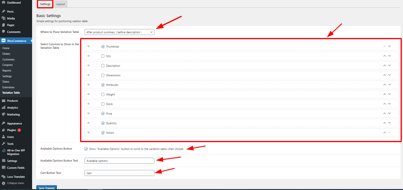 Settings page of Product Variation Table For WooCommerce.