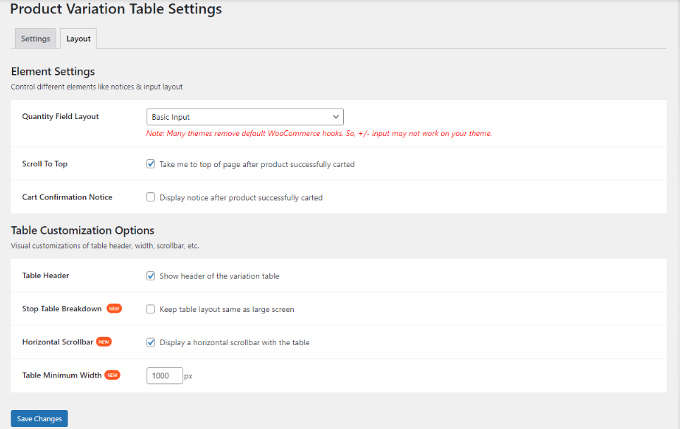 Layout page with +/- button or basic quantity input field and other option