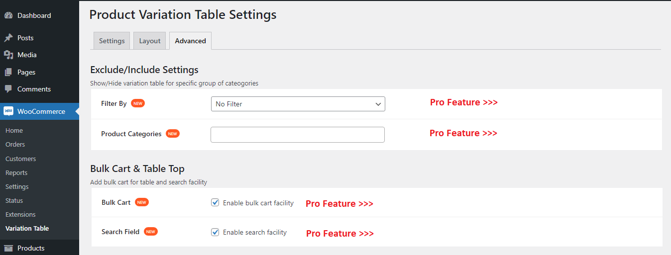 Advanced Tab- Exlclude/Include Settings, Bulk Cart &amp; Table Top Section