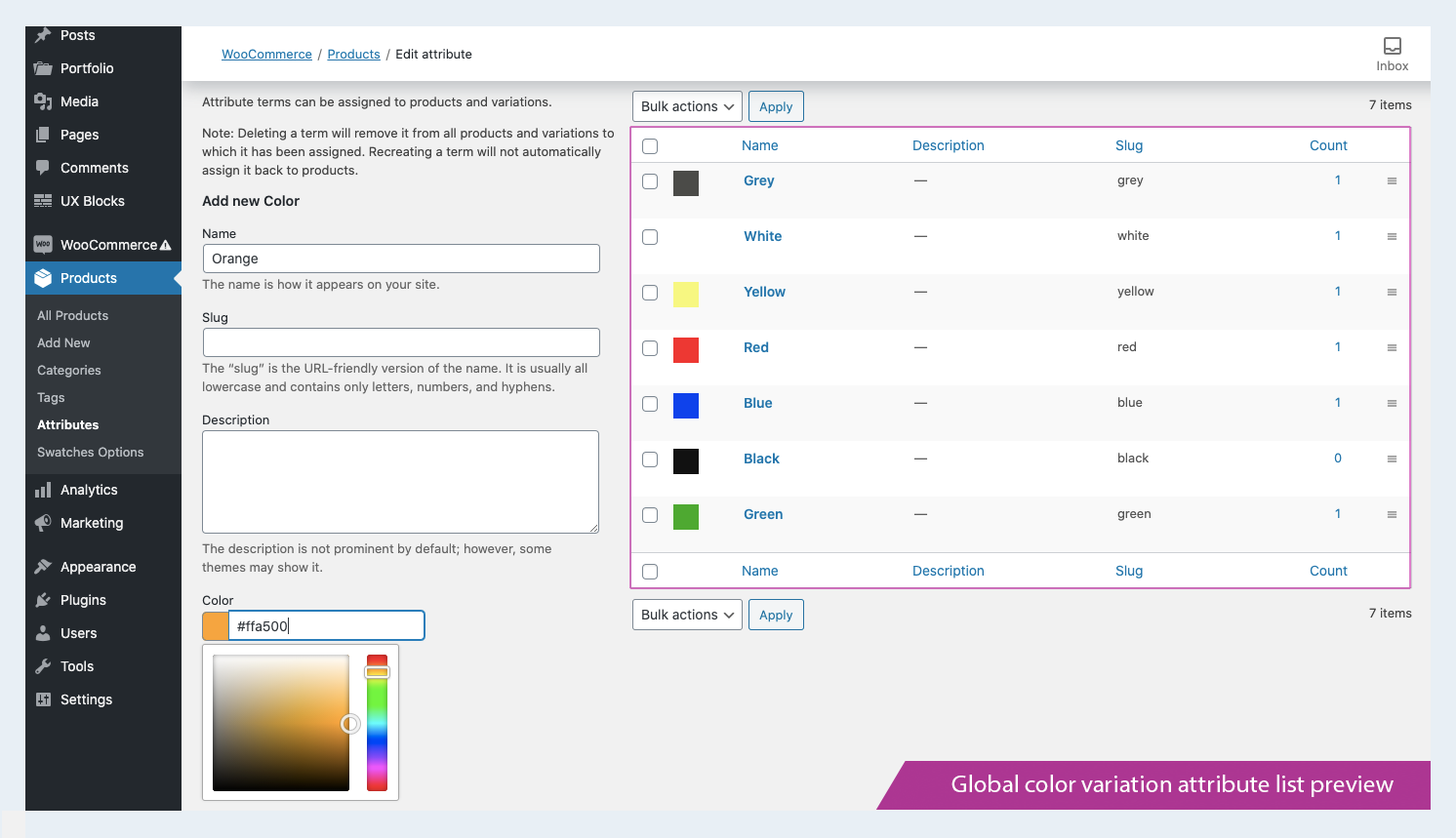 Global color variation attribute list preview