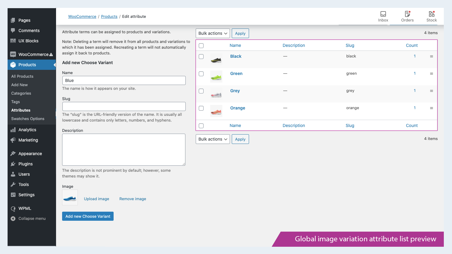 Global image variation attribute list preview