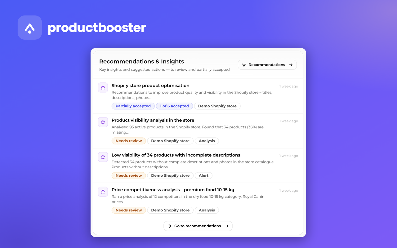 AI recommendations and insights — suggested actions you can review, accept, or apply in bulk.