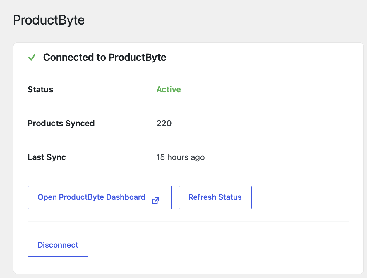 Connected status - View sync status, product count, and last sync time
