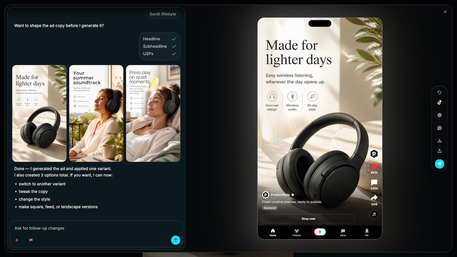 AI creative generation - Turn synced products into ad creative