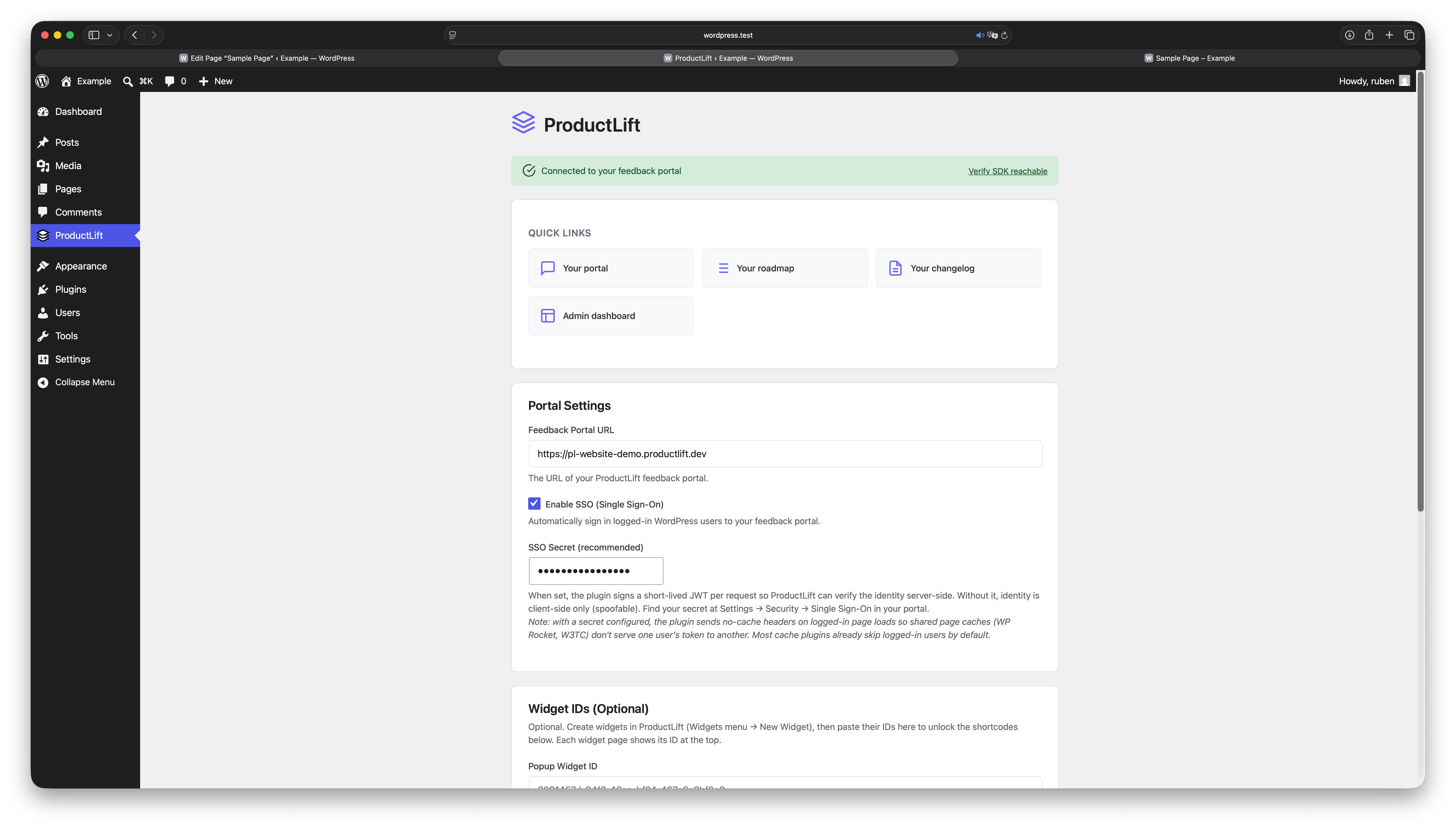 Admin settings page in "Connected" state, showing quick links, SSO configuration, and widget IDs.