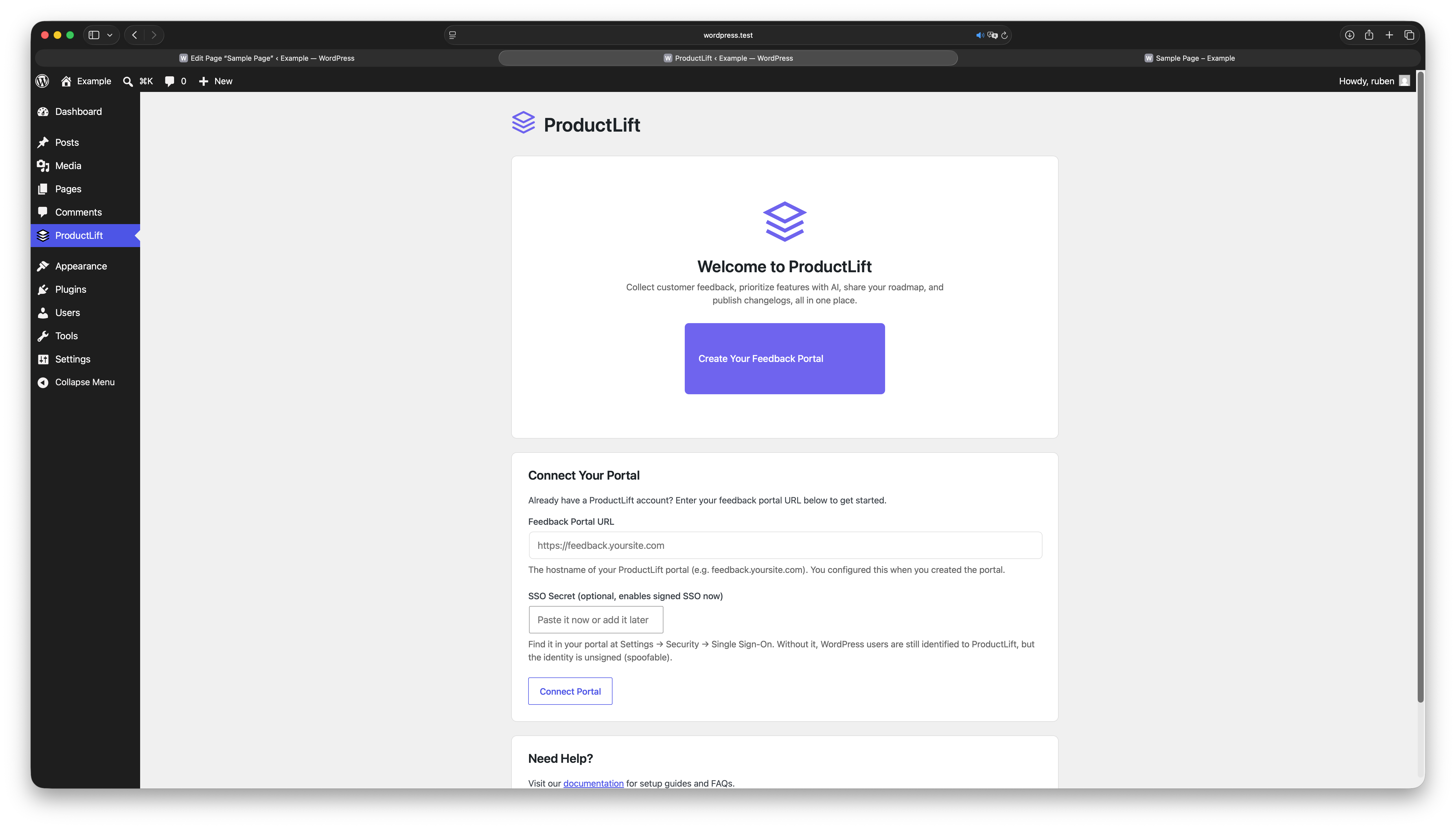 First-run onboarding: enter your portal URL and optional SSO secret to connect.