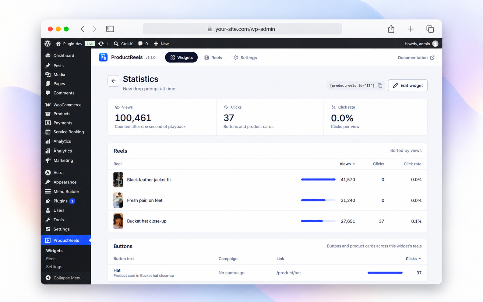 Widget statistics with reel performance and product button clicks.