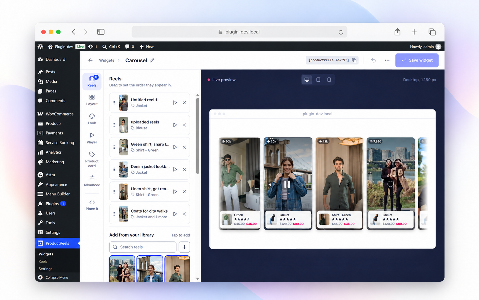 Drag-and-drop reel editor with live widget preview.