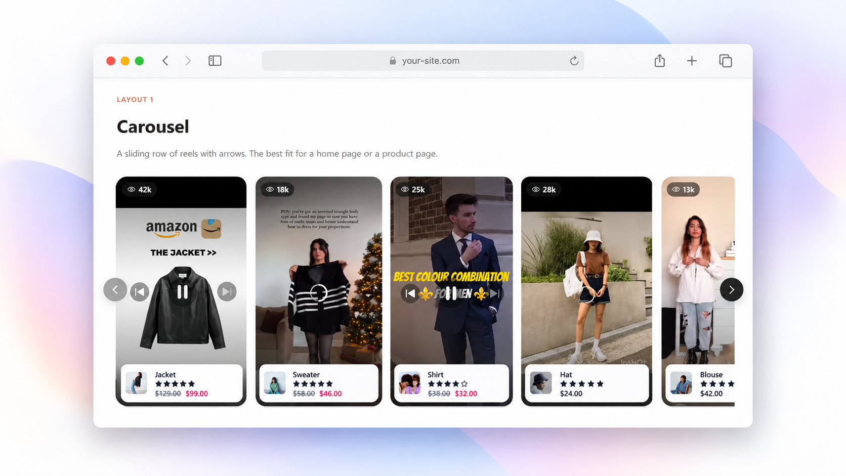 Product video carousel with product cards and navigation.