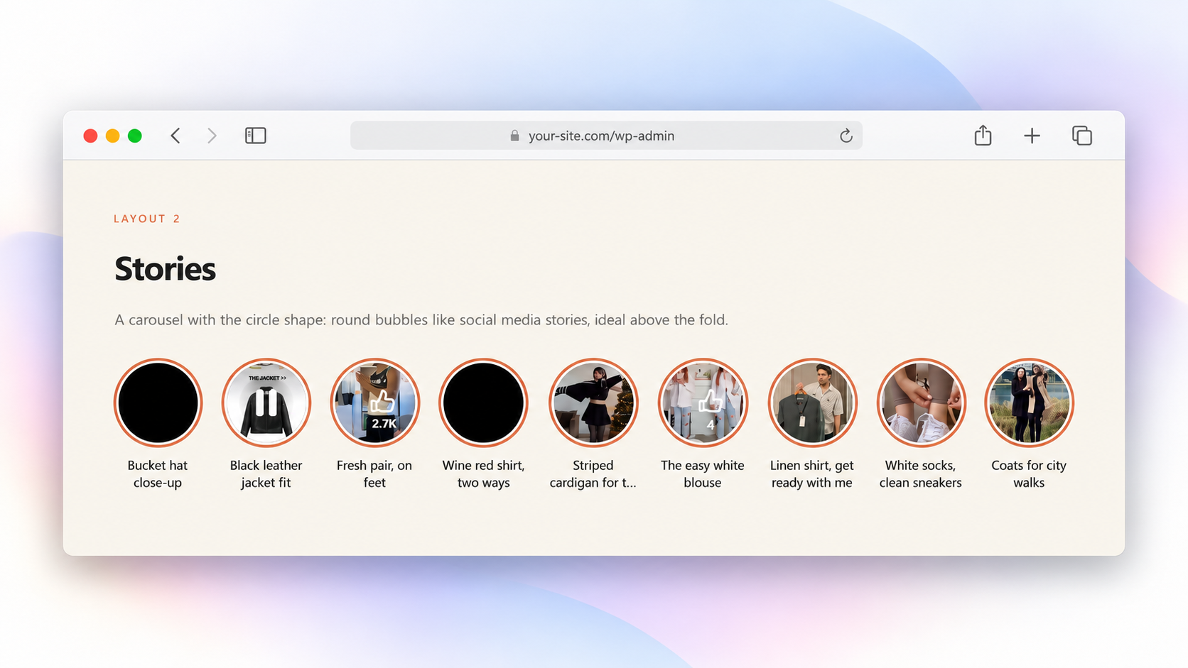 Circular story bubbles for browsing reels.