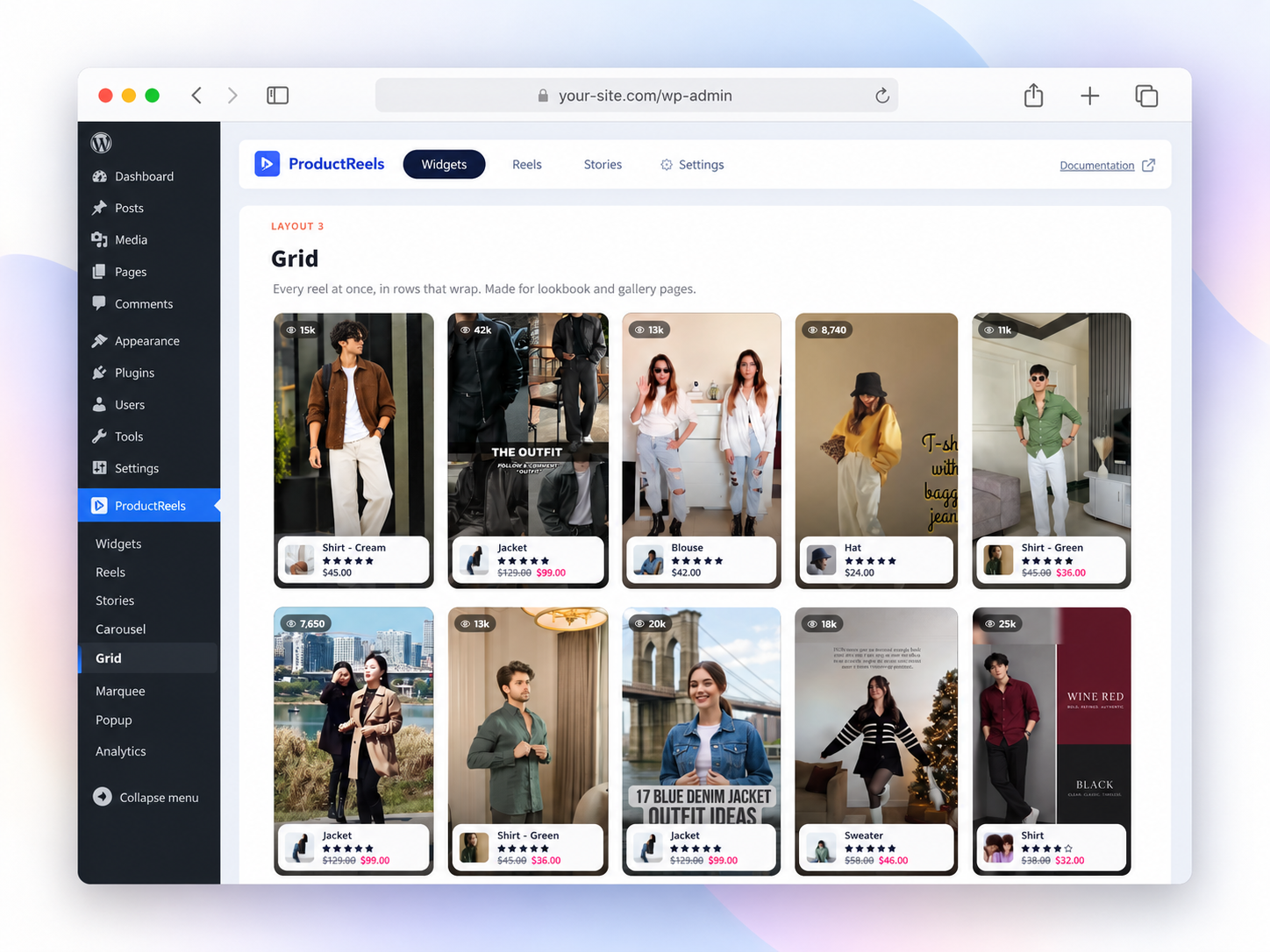 Video grid for lookbooks and galleries.