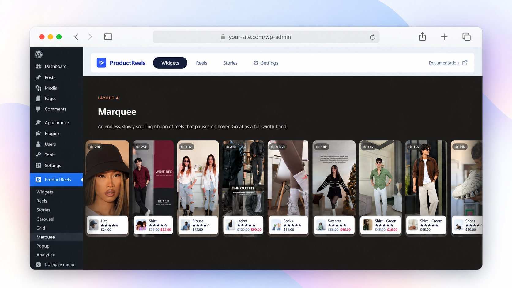 Auto-scrolling marquee of shoppable videos.