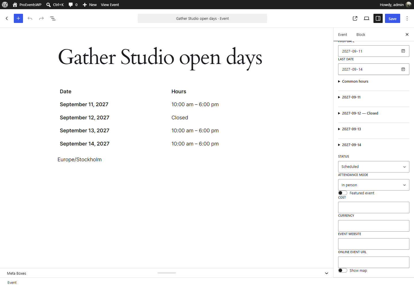 Edit event dates, daily hours, and other event details.