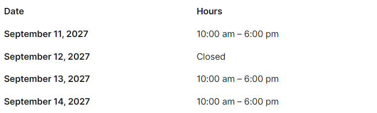 Show daily opening hours with the Event Schedule block.