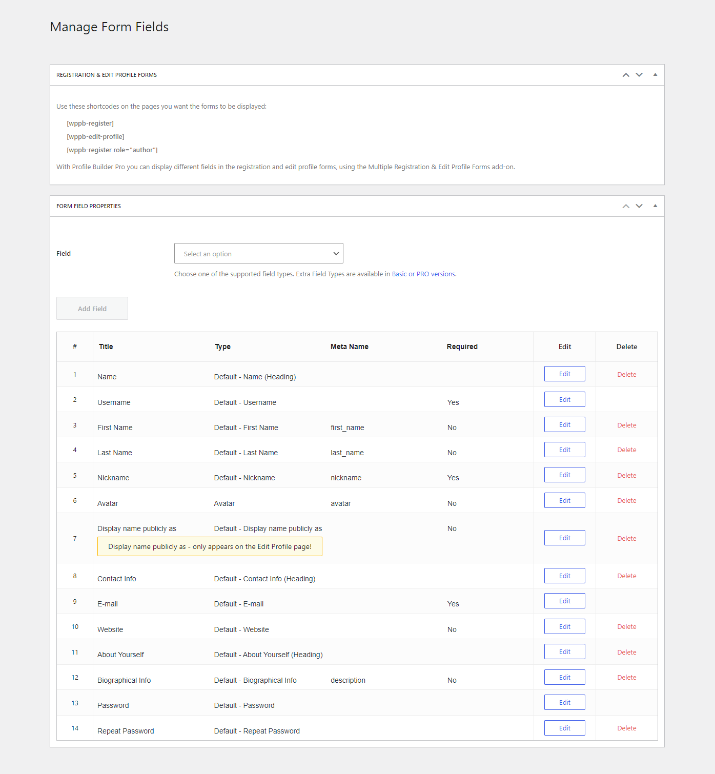 Manage User Registration Form Fields (Add, Edit or Delete)