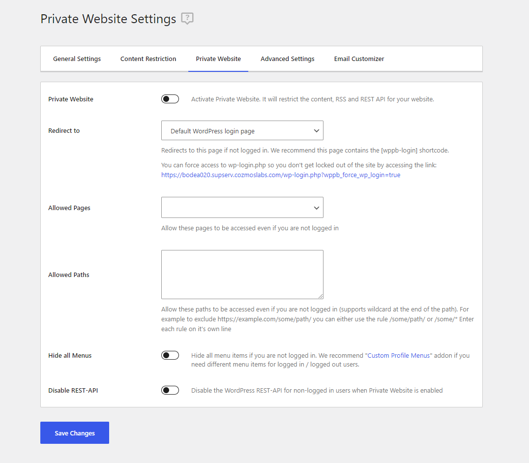 Private website settings - restrict access to entire site