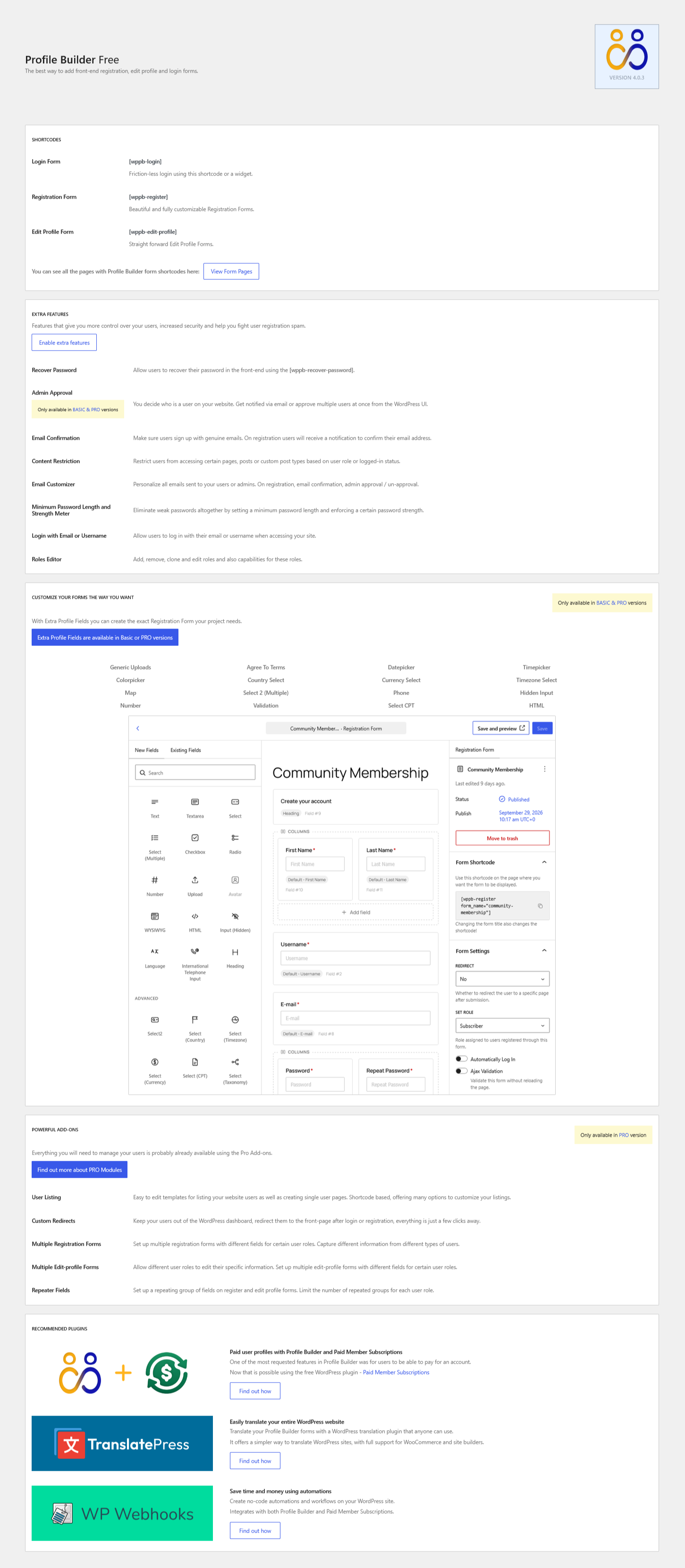 Basic Information page for Profile Builder, user registration plugin