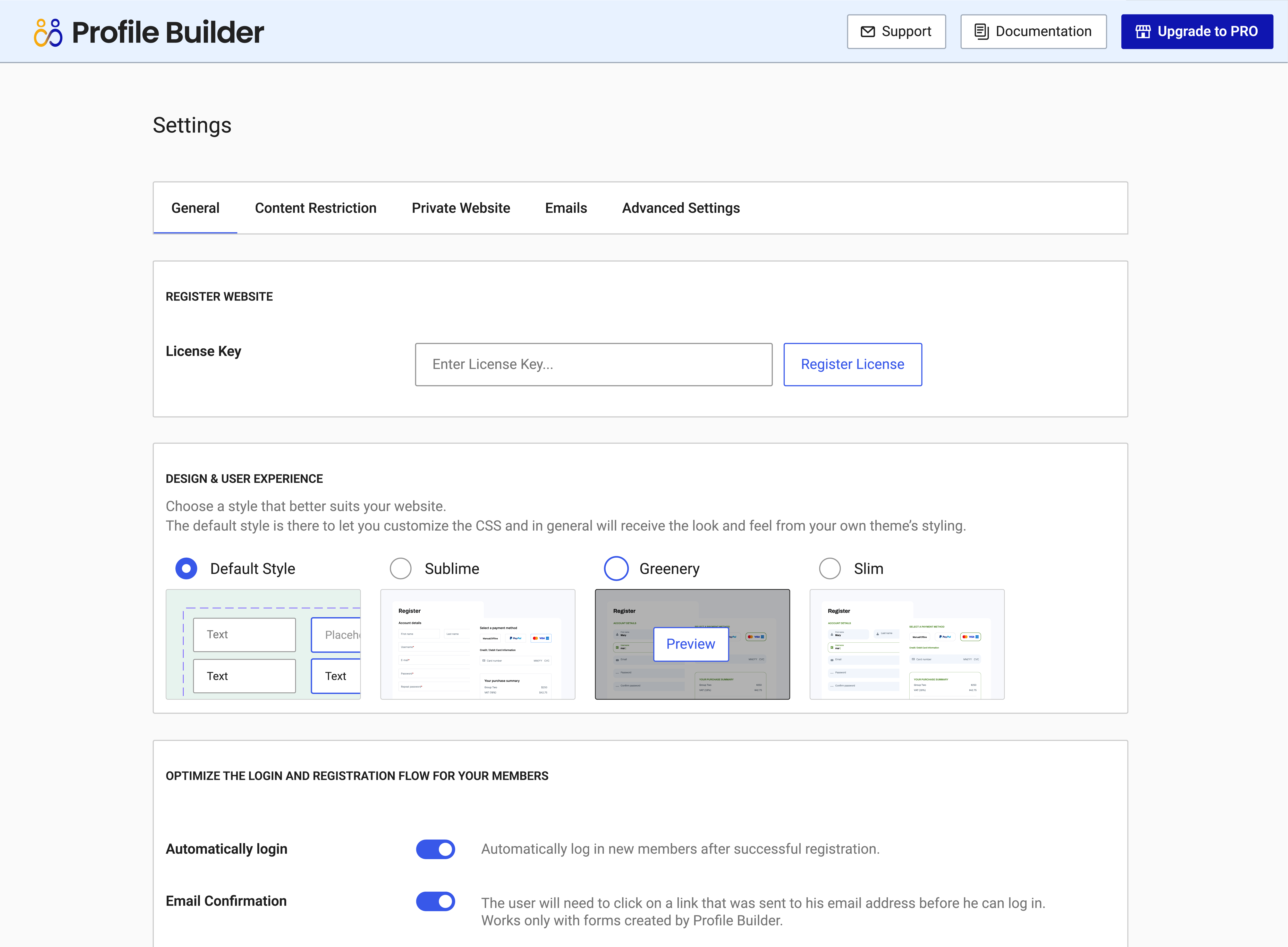 General Settings in Profile Builder user profile plugin