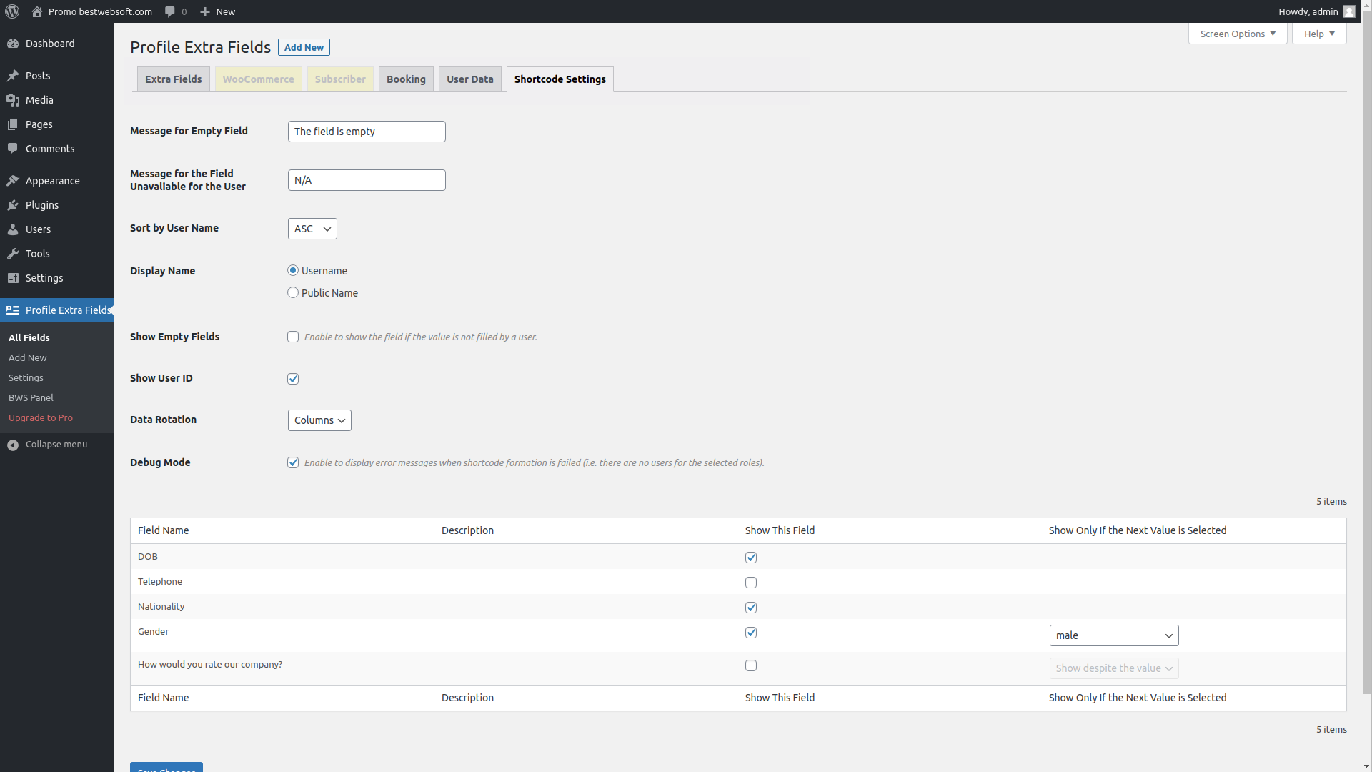 Shortcode settings page.